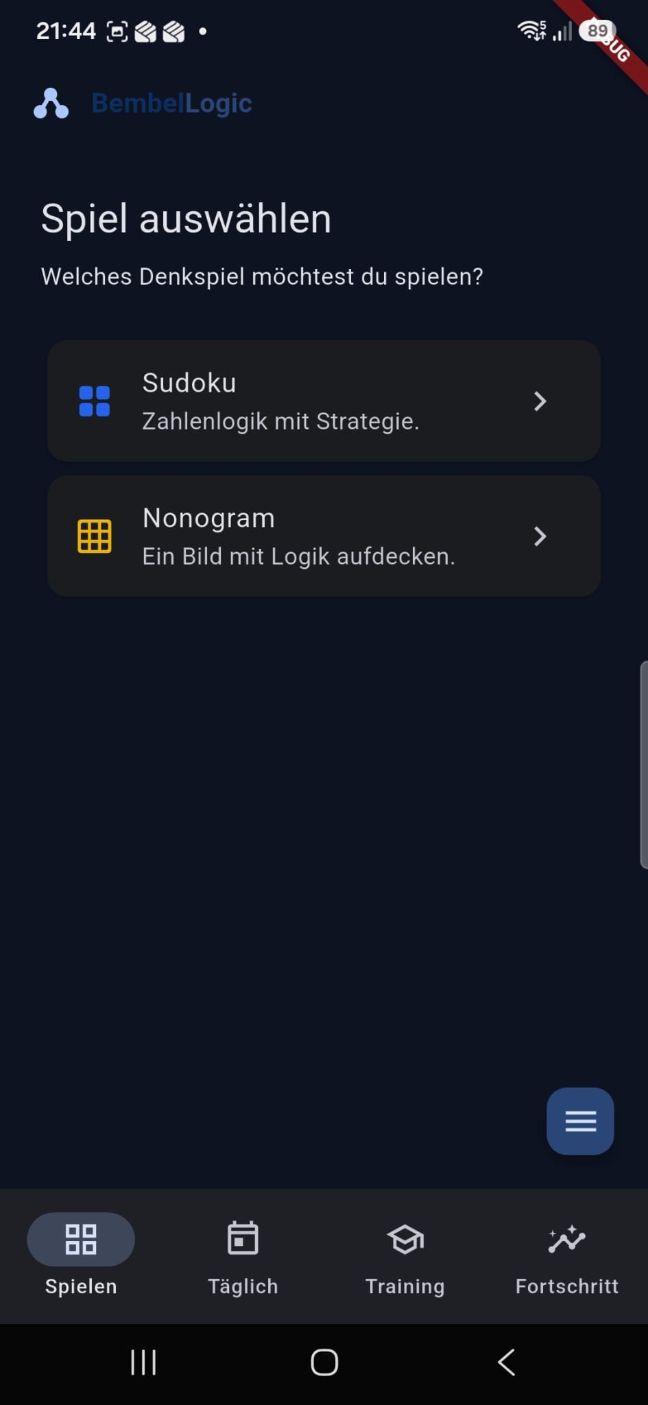 BembelLogic Spieleauswahl mit Sudoku und Nonogram