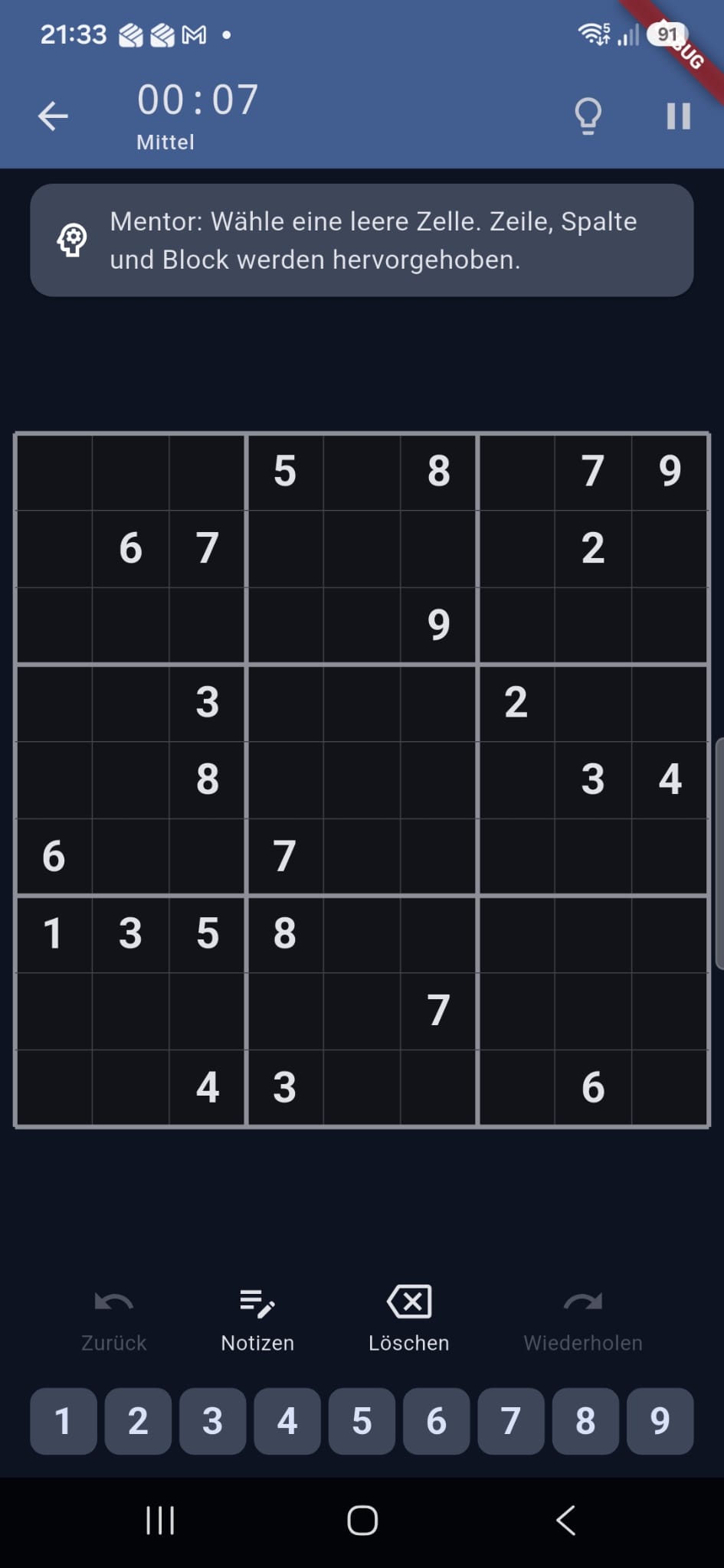Sudoku-Spielbrett mit hervorgehobener Auswahl