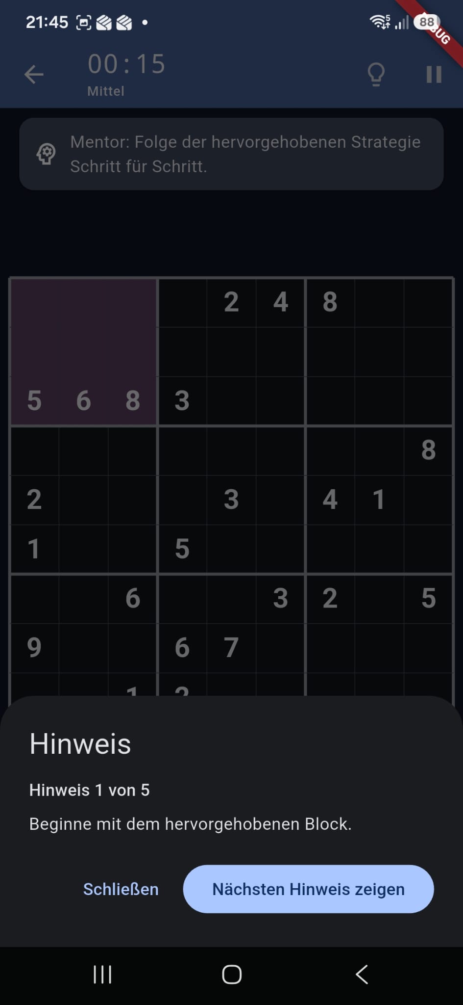 Sudoku-Hinweis mit Mentor-Erklärung
